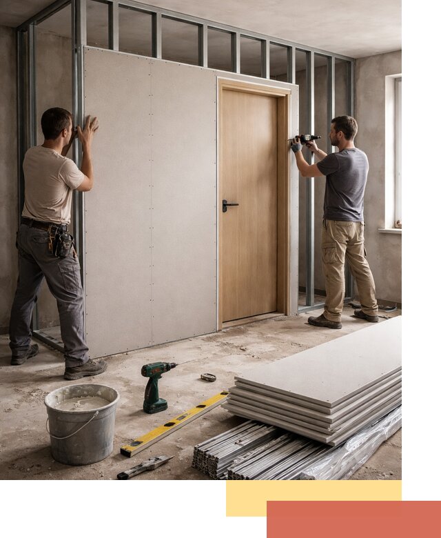 Перегородка из гипсокартона с дверью под ключ в Сосновоборске