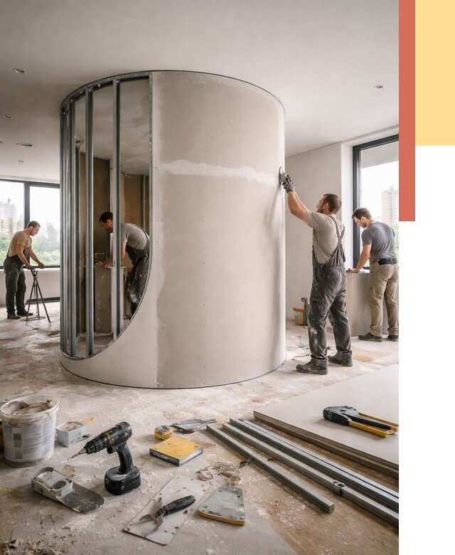 Радиусная перегородка из гипсокартона в Сосновоборске от 3000 руб. под ключ | ОТДЕЛОЧНИК-Ссб