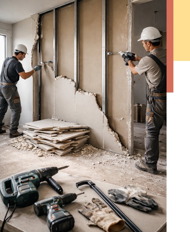 Демонтаж перегородки из гипсокартона в Сосновоборске от 1241 руб. быстро и недорого | ОТДЕЛОЧНИК-Ссб