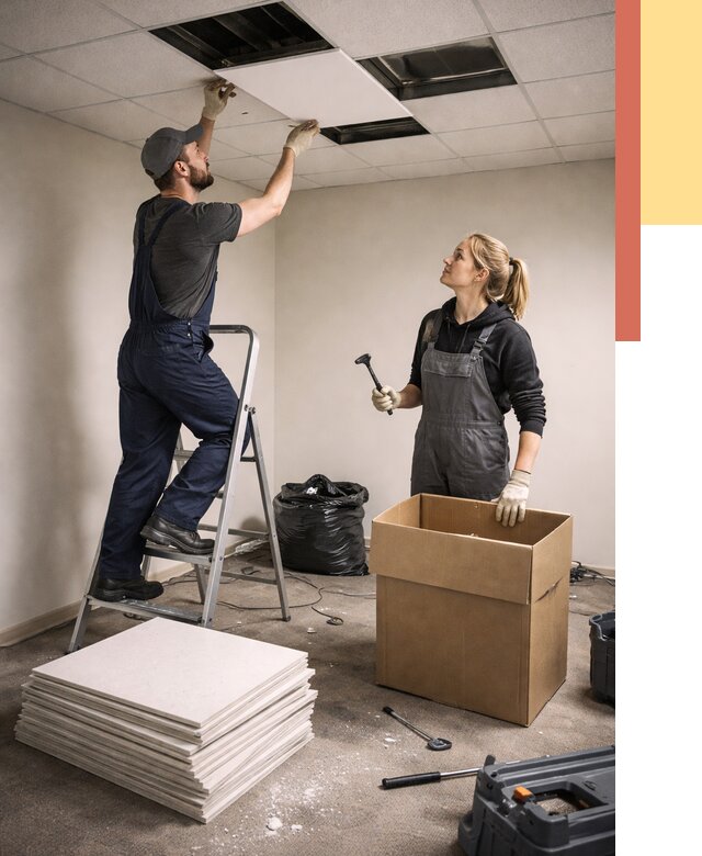 Демонтаж потолочной плитки в Сосновоборске от 4655 руб. быстро и недорого | ОТДЕЛОЧНИК-Ссб