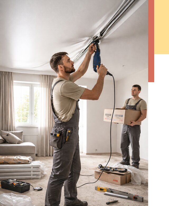 Монтаж сатинового натяжного потолка в Сосновоборске от 3621 руб. | Быстро, недорого — ОТДЕЛОЧНИК-Ссб