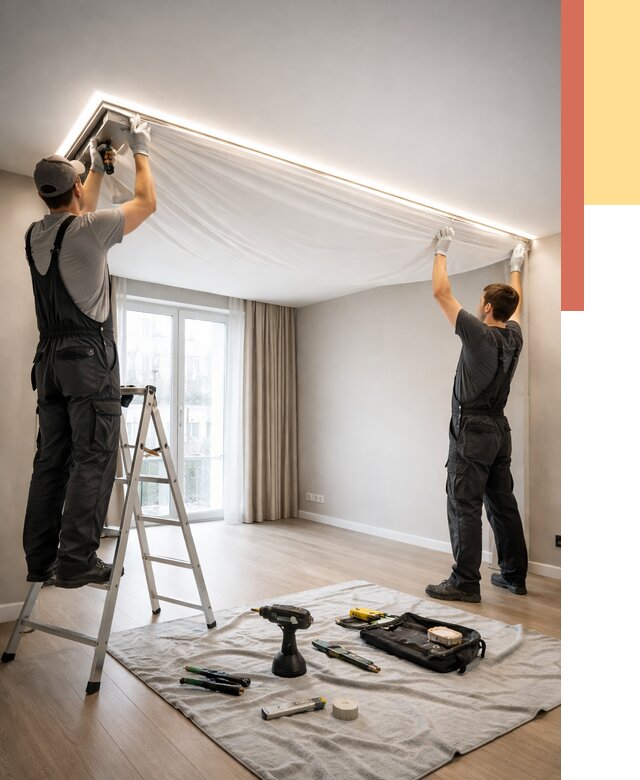 Монтаж парящего натяжного потолка в Сосновоборске от 4655 руб. быстро и недорого | ОТДЕЛОЧНИК-Ссб