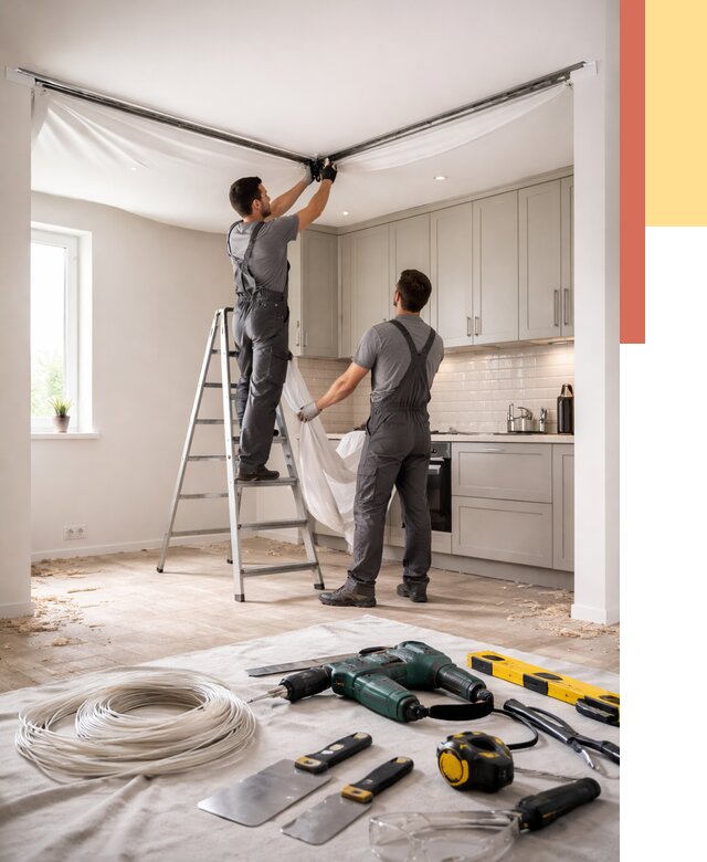 Установка натяжного потолка на кухне в Сосновоборске от 2483 руб. | ОТДЕЛОЧНИК-Ссб