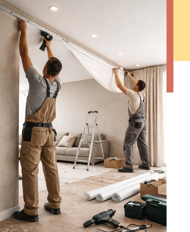 Монтаж натяжного потолка в гостиной в Сосновоборске от 569 руб. | ОТДЕЛОЧНИК-Ссб