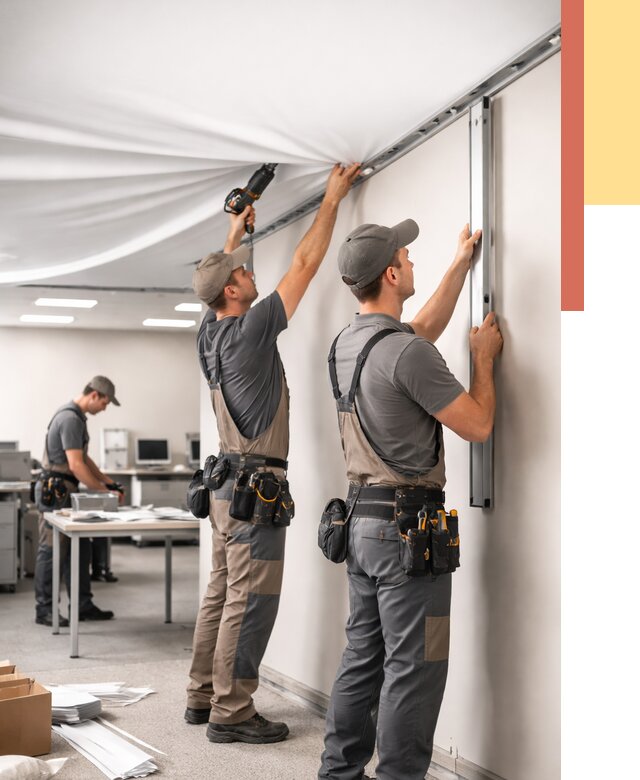 Монтаж натяжного потолка в офисе в Сосновоборске от 466 руб/м² — быстро и недорого | ОТДЕЛОЧНИК-Ссб