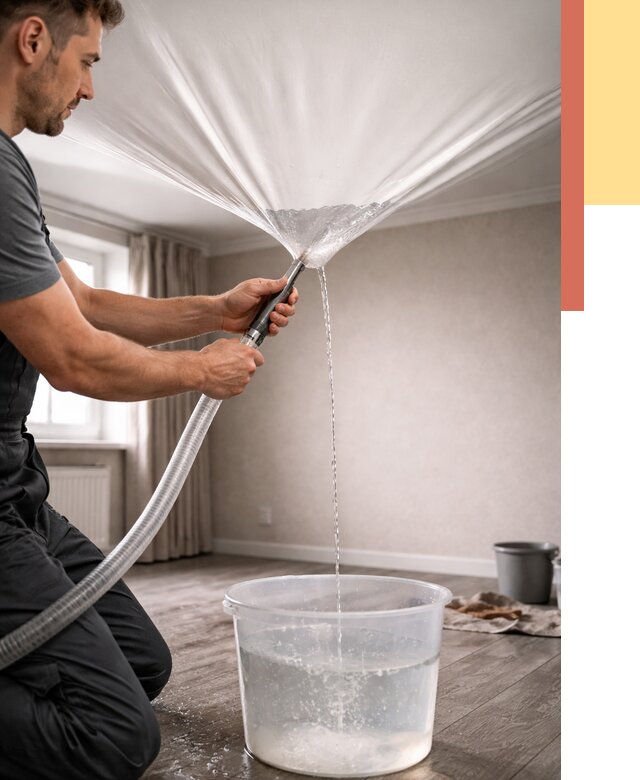 Слив воды с натяжного потолка в Сосновоборске от 2586 руб. быстро и недорого | ОТДЕЛОЧНИК-Ссб