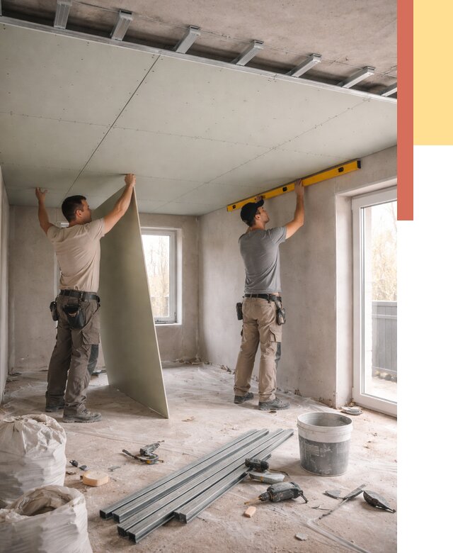 Одноуровневый потолок из гипсокартона в Сосновоборске от 776 руб. — монтаж под ключ | ОТДЕЛОЧНИК-Ссб