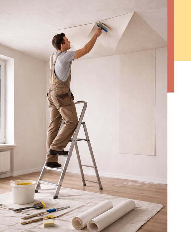 Поклейка обоев на потолок в Сосновоборске от 4655 руб. быстро и недорого | ОТДЕЛОЧНИК-Ссб